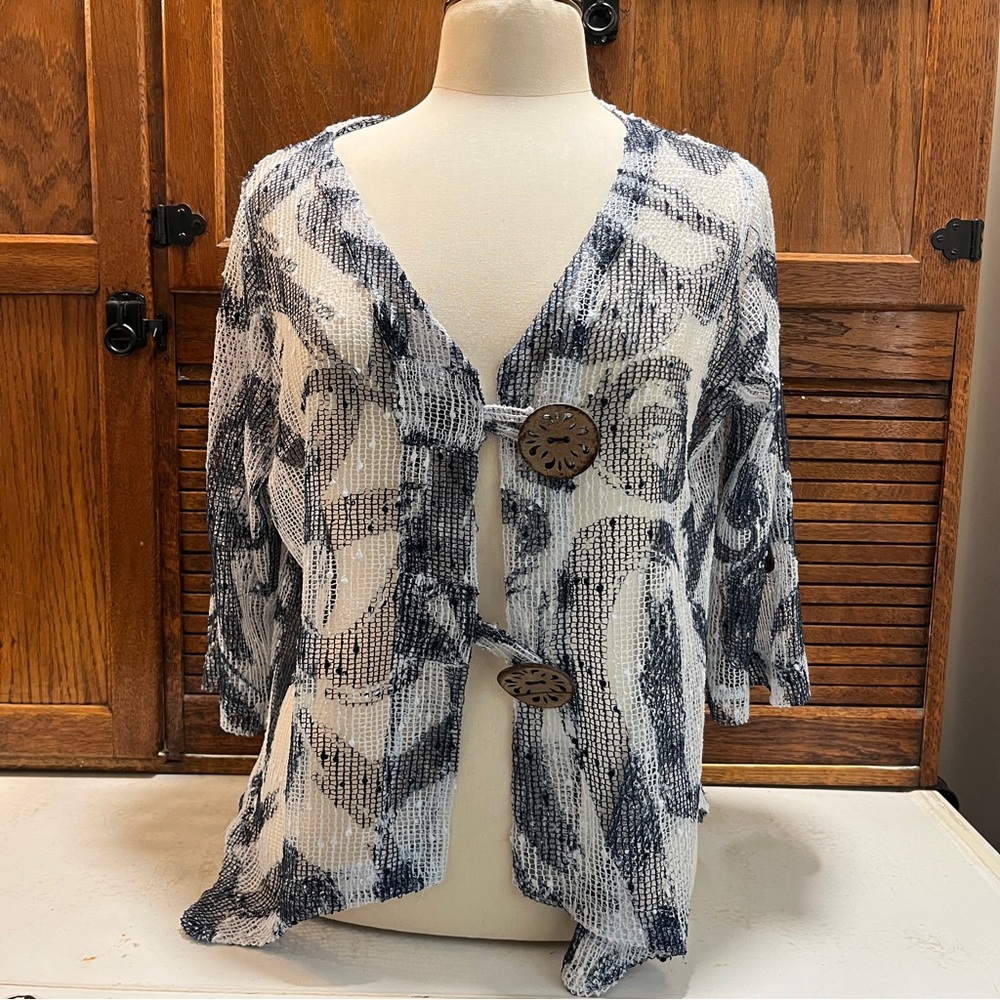 Abstract Black and White Cardigan with Wooden Buttons